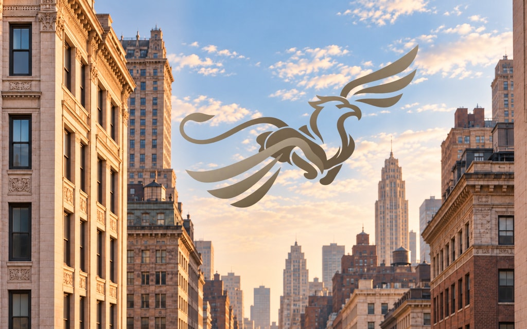 Illustrated taupe gryphon banking in flight between historic American commercial buildings, with one wing raised and the other lowered.