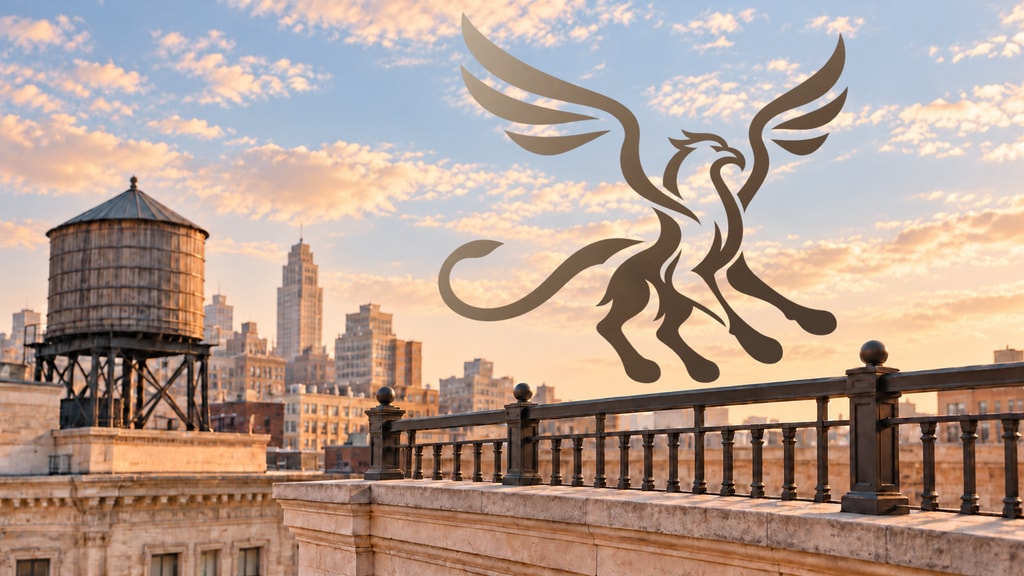 Illustrated taupe gryphon approaching a rooftop railing with raised wings and four outstretched legs, a wooden water tank and an American skyline behind it.