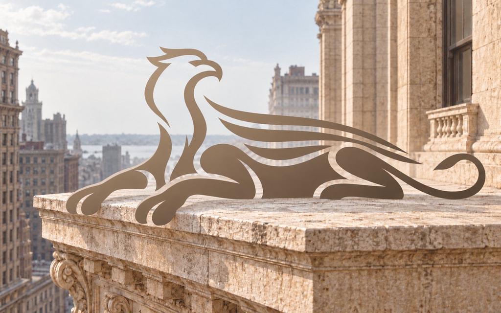 Illustrated taupe gryphon lying on a limestone pier, viewed from a three-quarter angle.