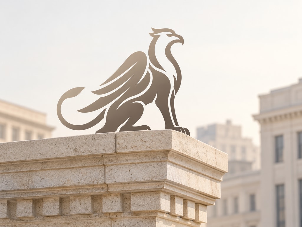 Illustrated taupe gryphon seated on a limestone parapet, with distant buildings out of focus.