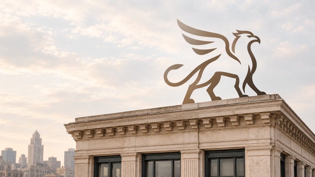 Illustrated taupe gryphon walking along a limestone rooftop against a pale sky.